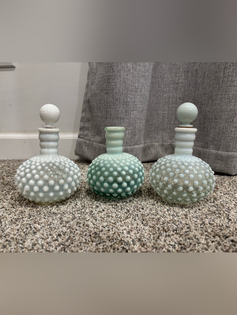 Vintage Sea-foam Green White Hobnail Glass Perfume Bottle Set of 3